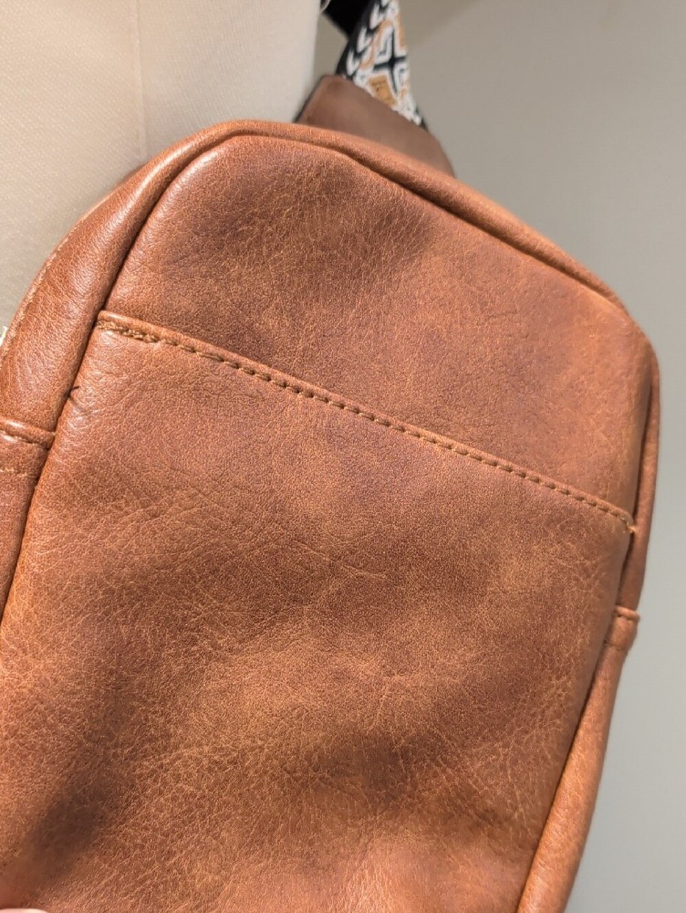 Brown Faux Leather Crossbody Bag with Patterned Adjustable Strap - Picture 4 of 14